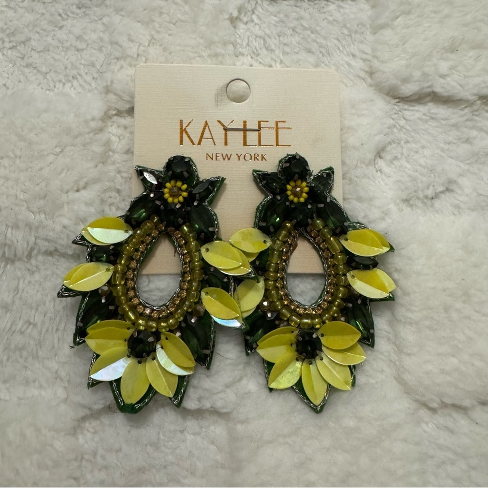 Statement Two Tone Green and Yellow Beaded Earrings, Floral Sunflower Oversized
